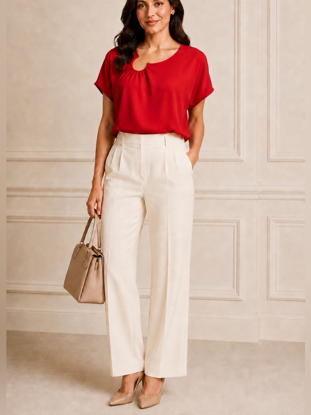 Pearl by Lela Rose Top Blouse Women’s Large Red Ring Cut Out Quiet Luxury B16